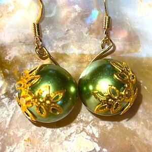 Faux Green Pearl Earrings In Gold.